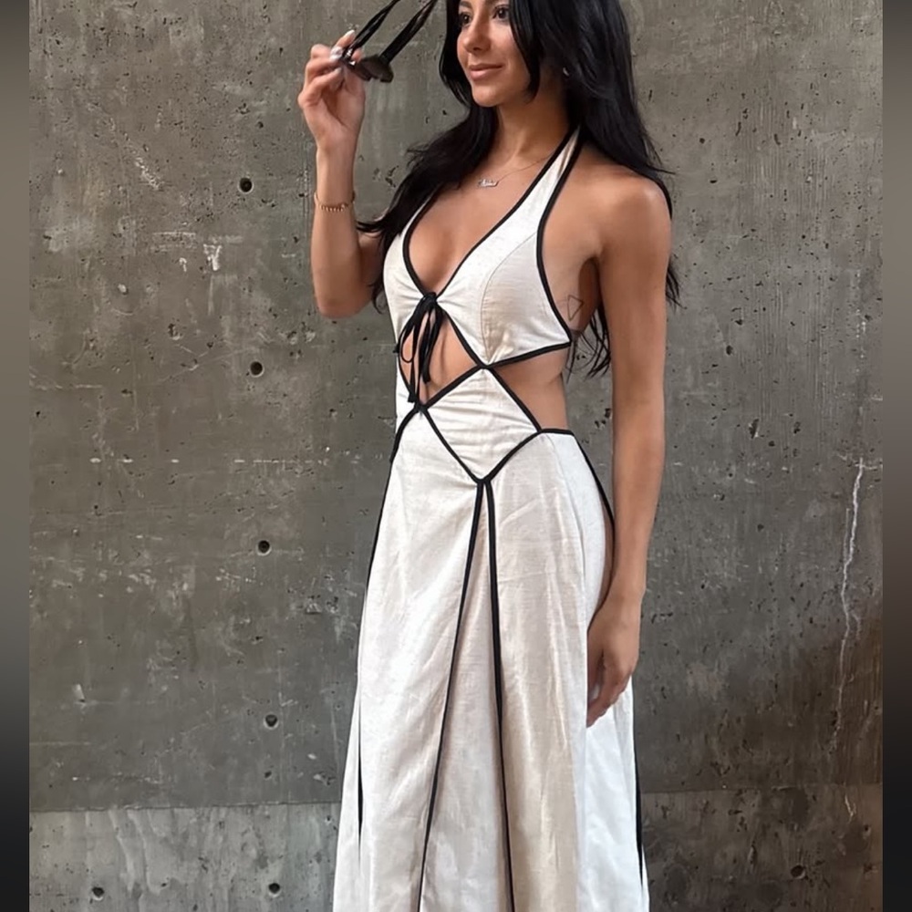 Chic White Halter Maxi Dress with Black Trim